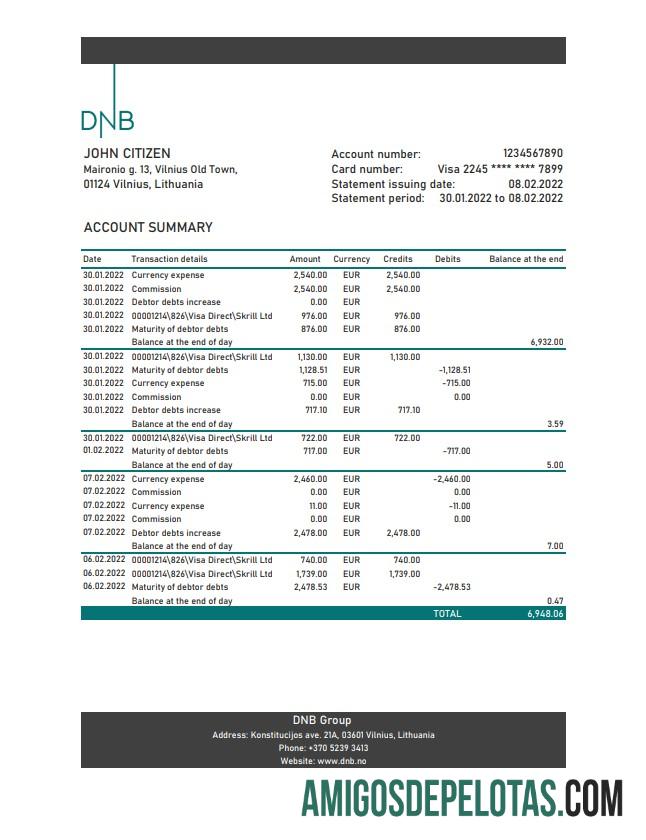 Exemplo de extrato bancário DNB da Lituânia